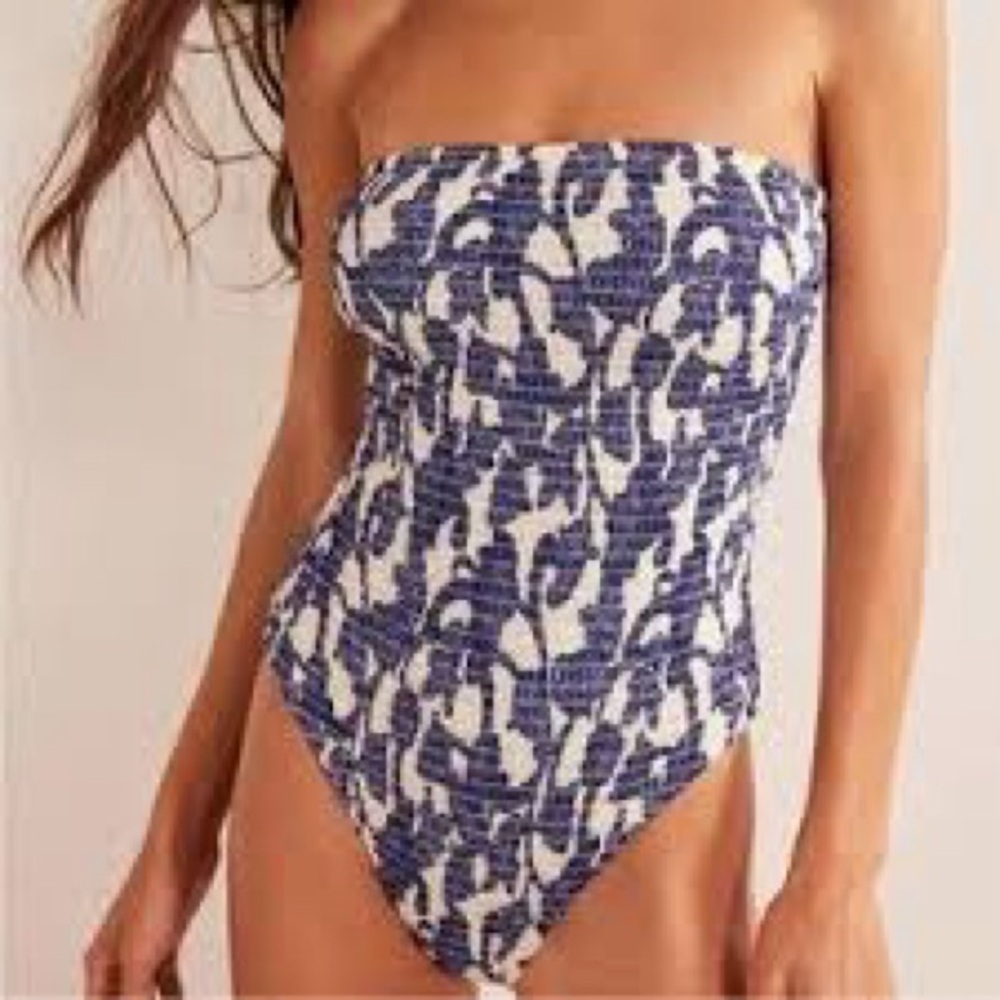 Boden Navy and White Strapless One-Piece Swimsuit